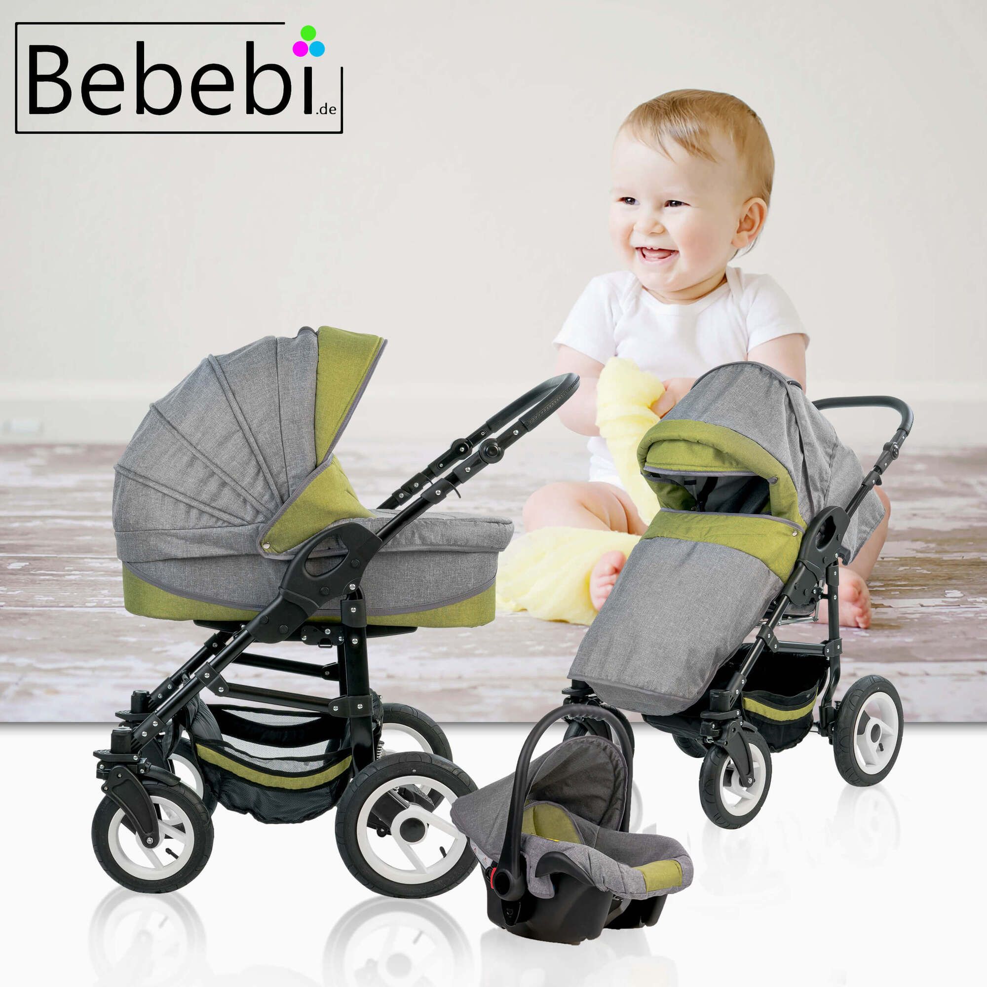 Bebebi Florenz 3 in 1 Kinderwagen Set mit Original Maxi Cosi, Luftreifen, Medici Green Black