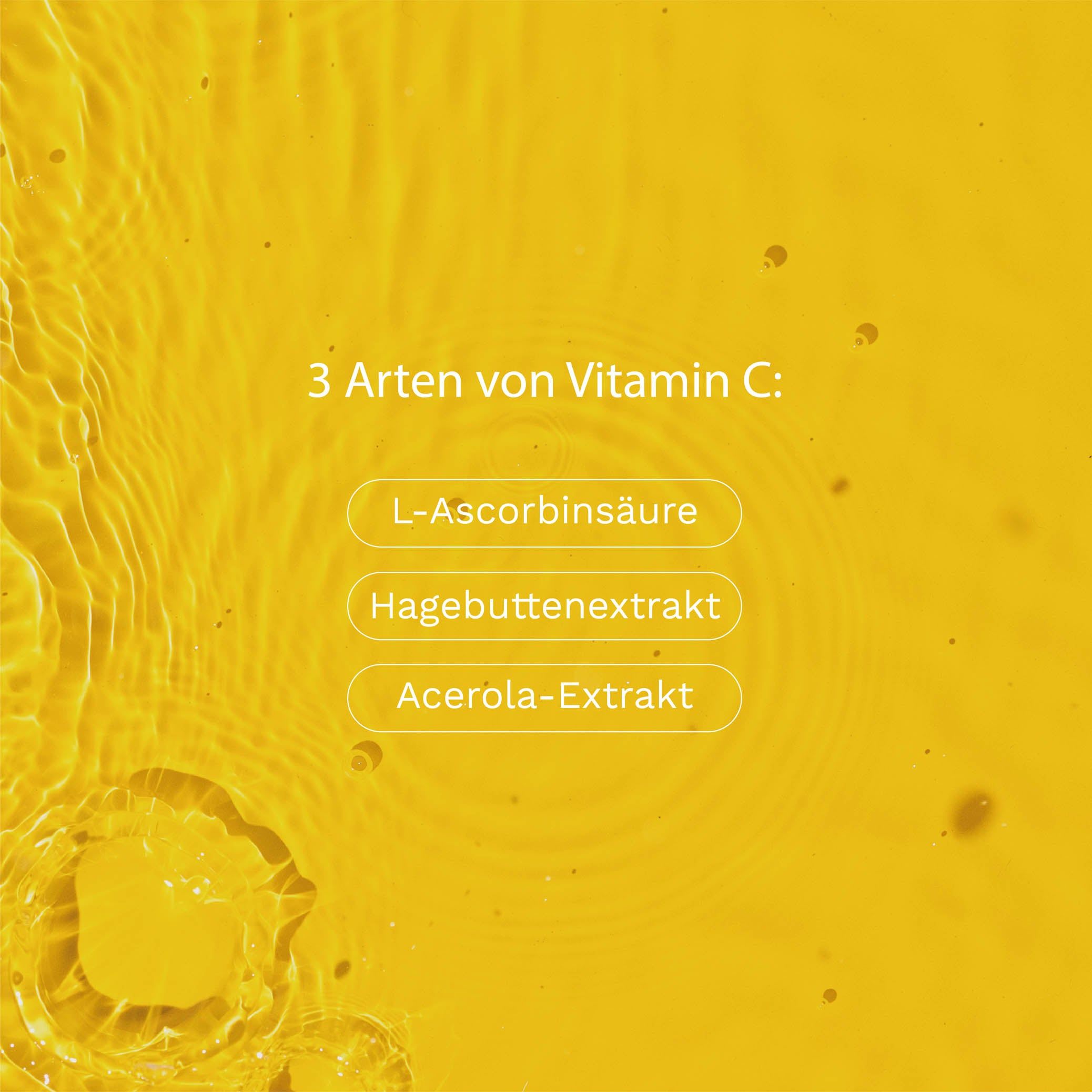 Gelber Hintergrund mit Text: 3 Arten von Vitamin C: L-Ascorbinsäure, Hagebuttenextrakt, Acerola-Extrakt.