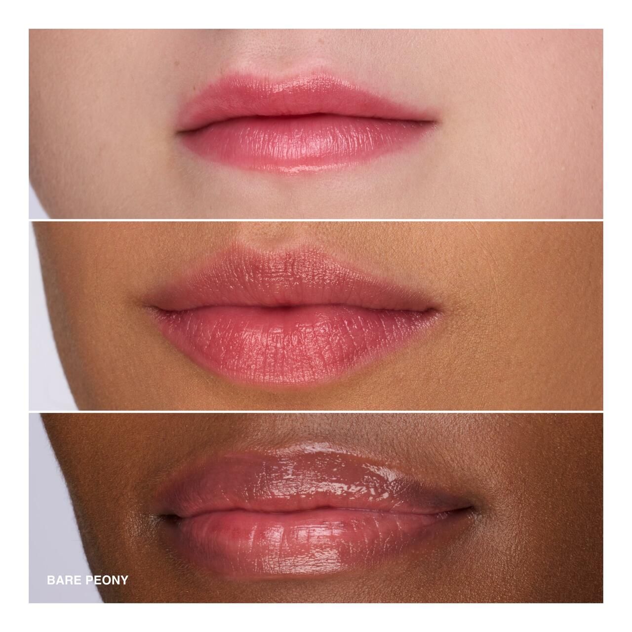 Drei Lippenpaare mit unterschiedlichen Hauttönen, die Lippenfarbe tragen. Unten steht "BARE PEONY".