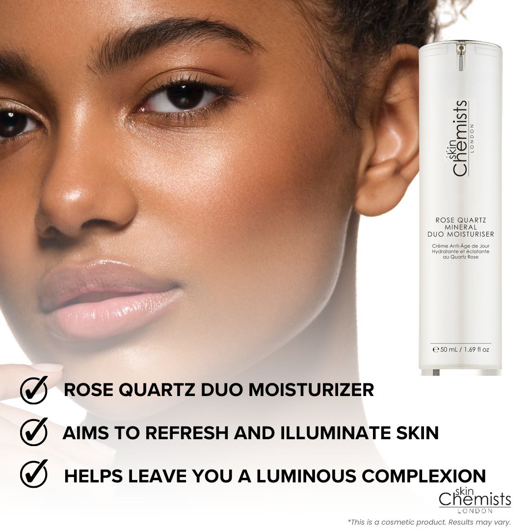 Gesicht einer Person. Text: 'Rose Quartz Duo Moisturizer', 'Aims to refresh and illuminate skin', 'Helps leave you a luminous complexion'.