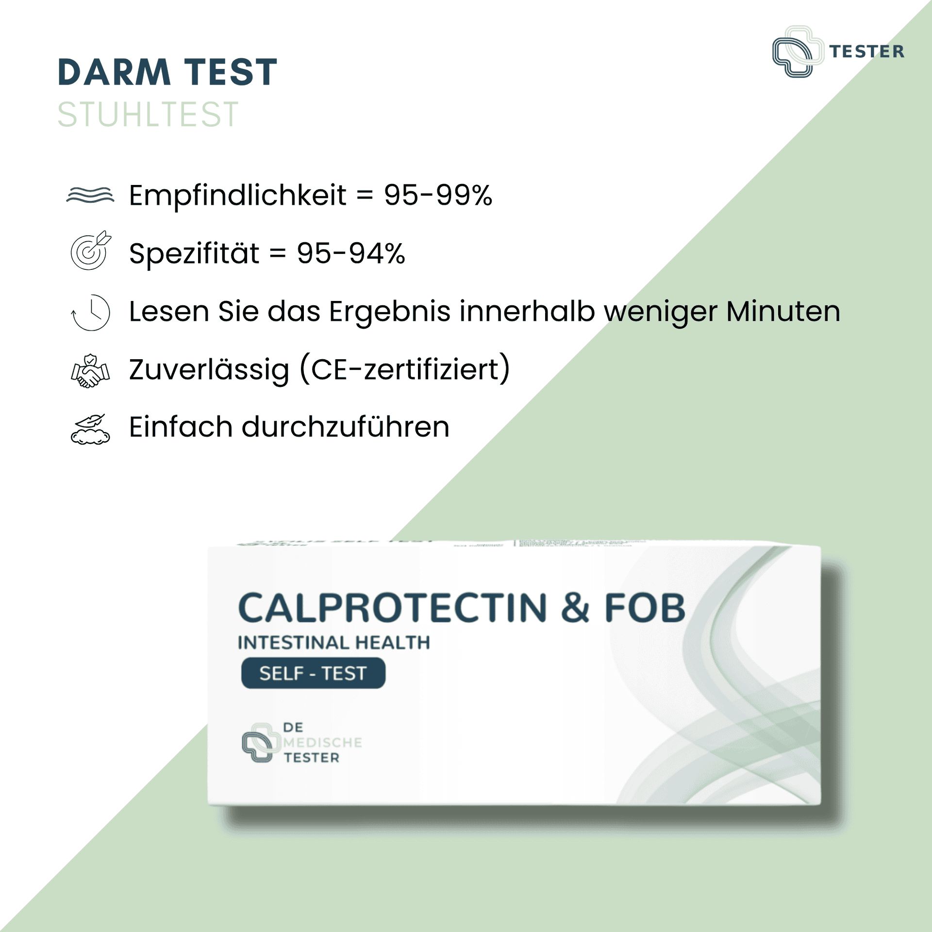 Darm Test Stuhltest: Empfindlichkeit 95-99%, Spezifität 95-94%. CE-zertifiziert, Ergebnis in Minuten.