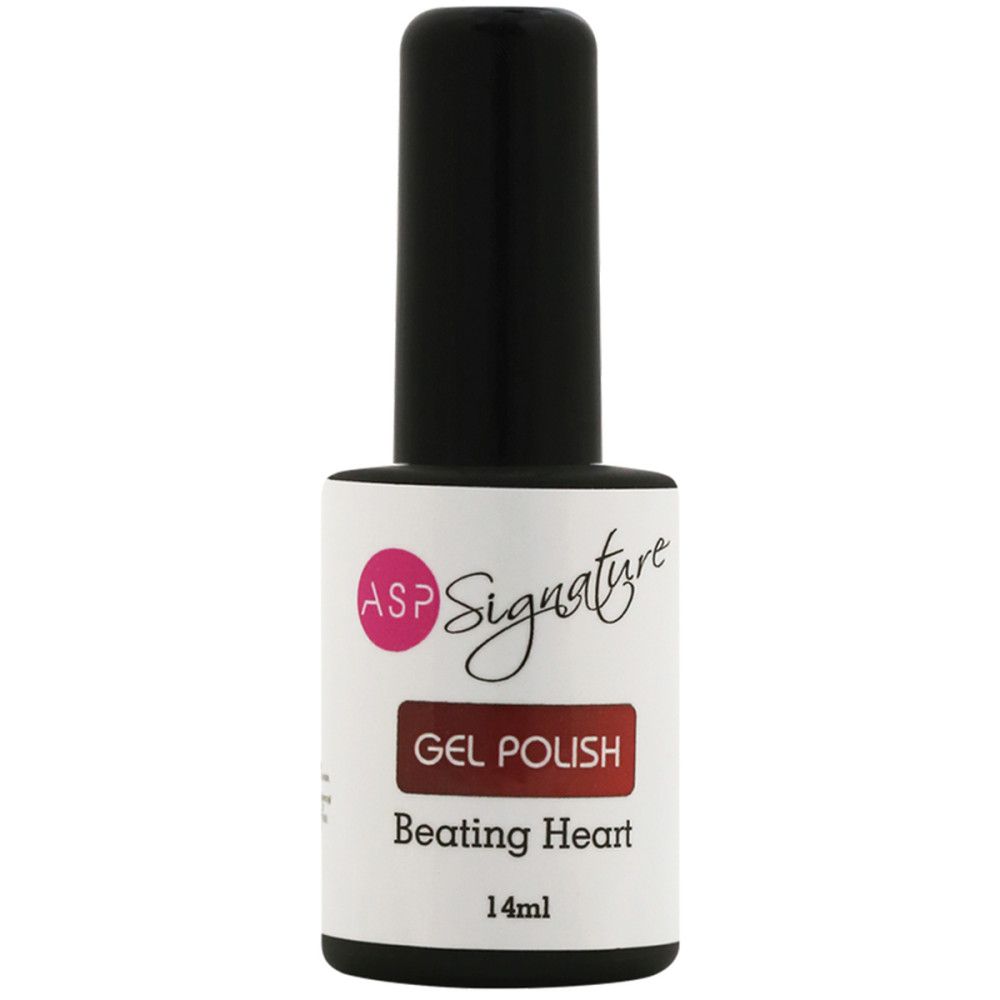 Nagellackflasche mit schwarzem Deckel. Etikett mit ASP Signature, Gel Polish, Beating Heart, 14ml.