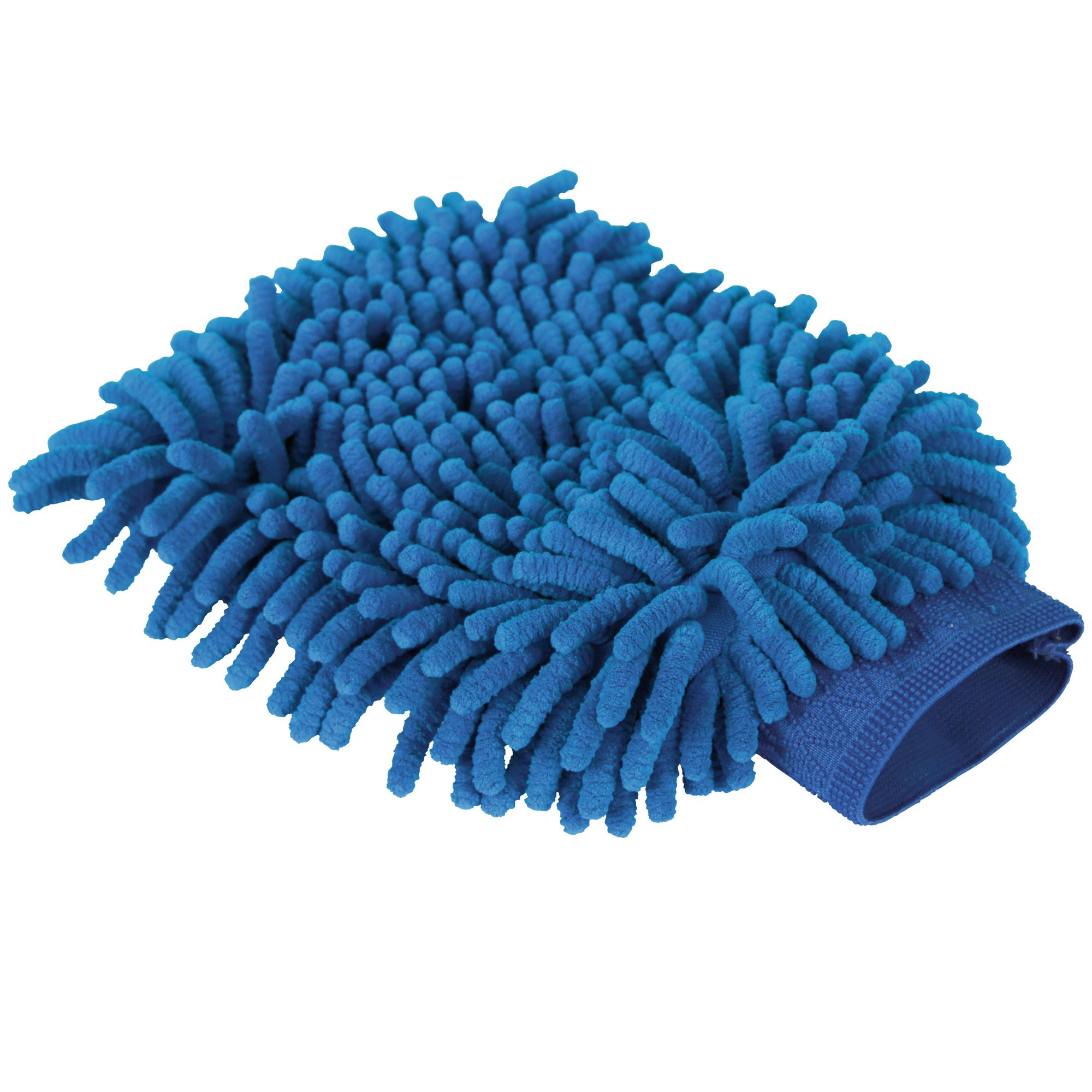 Blauer Waschhandschuh aus Mikrofaser mit Fransen. Der Handschuh hat eine Manschette für die Hand.