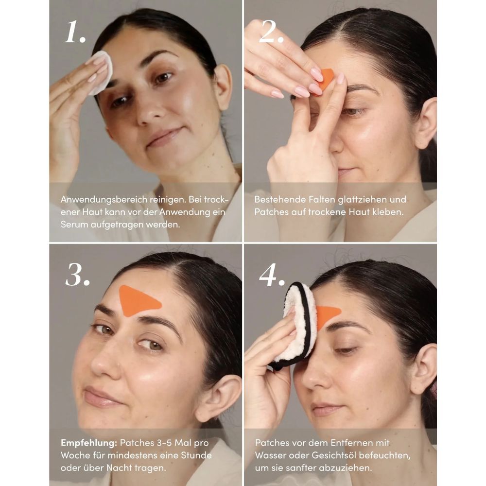 Vier Bilder zeigen Anwendungsschritte. Reinigung, Patch-Anbringung, Tragen, Entfernung.