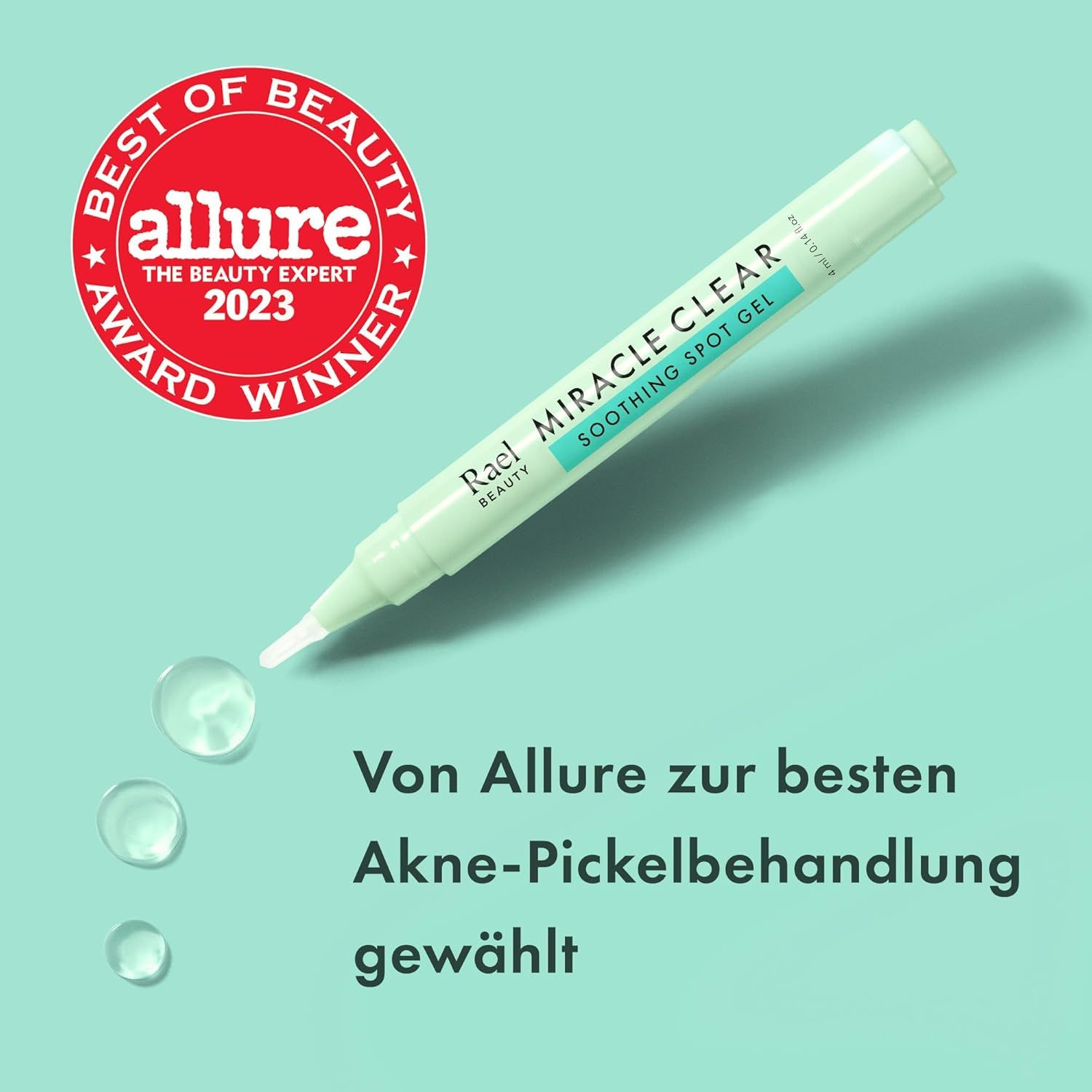 Grüne Tube mit Applikator und Gel-Tropfen. Auszeichnung: Von Allure zur besten Akne-Pickelbehandlung gewählt.