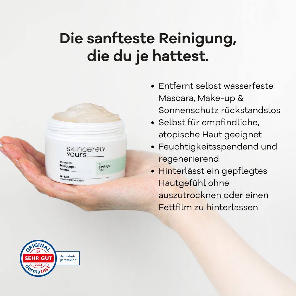 Hand hält Tiegel mit Skincerely Yours Reinigungsbalsam, daneben Produktvorteile.