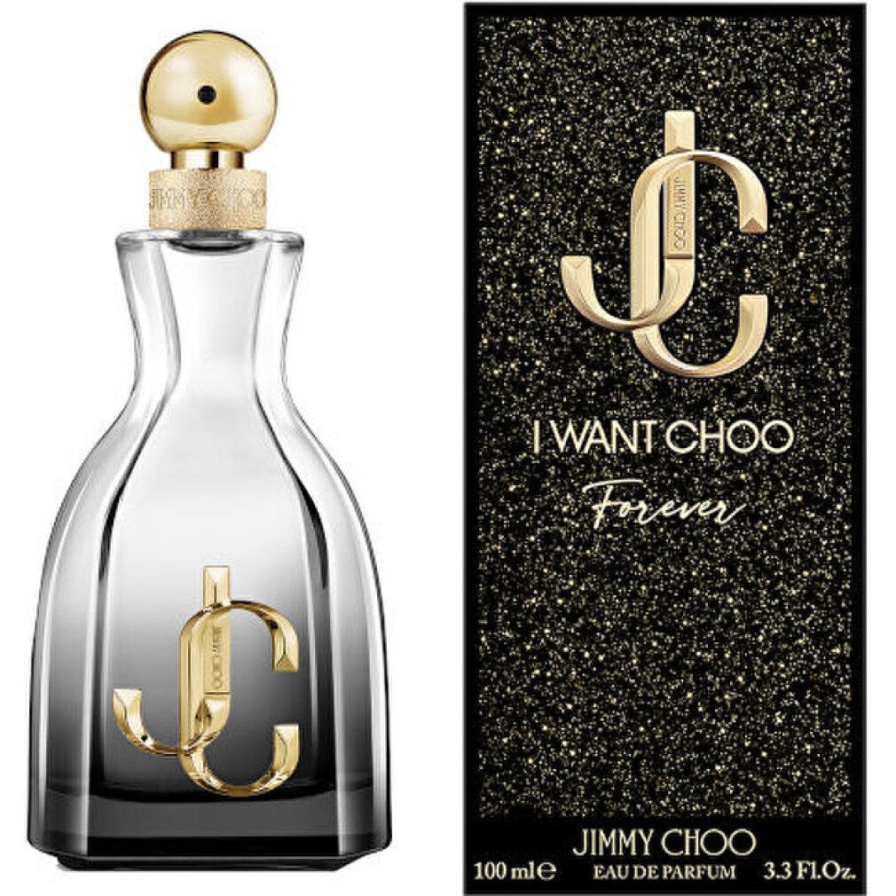 Parfümflakon und Schachtel. Flakon mit goldfarbenem Verschluss und Logo. Schachtel mit Text: I WANT CHOO Forever, JIMMY CHOO.