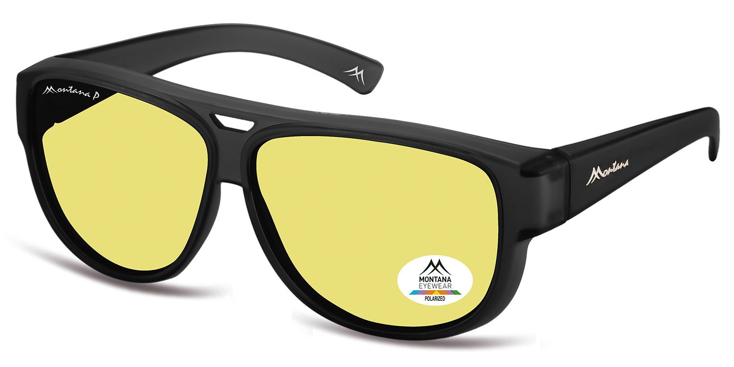 Schwarze Sonnen-Überbrille mit gelben Gläsern. Montana Eyewear Logo auf dem Bügel und Glas. Polarisierte Gläser.