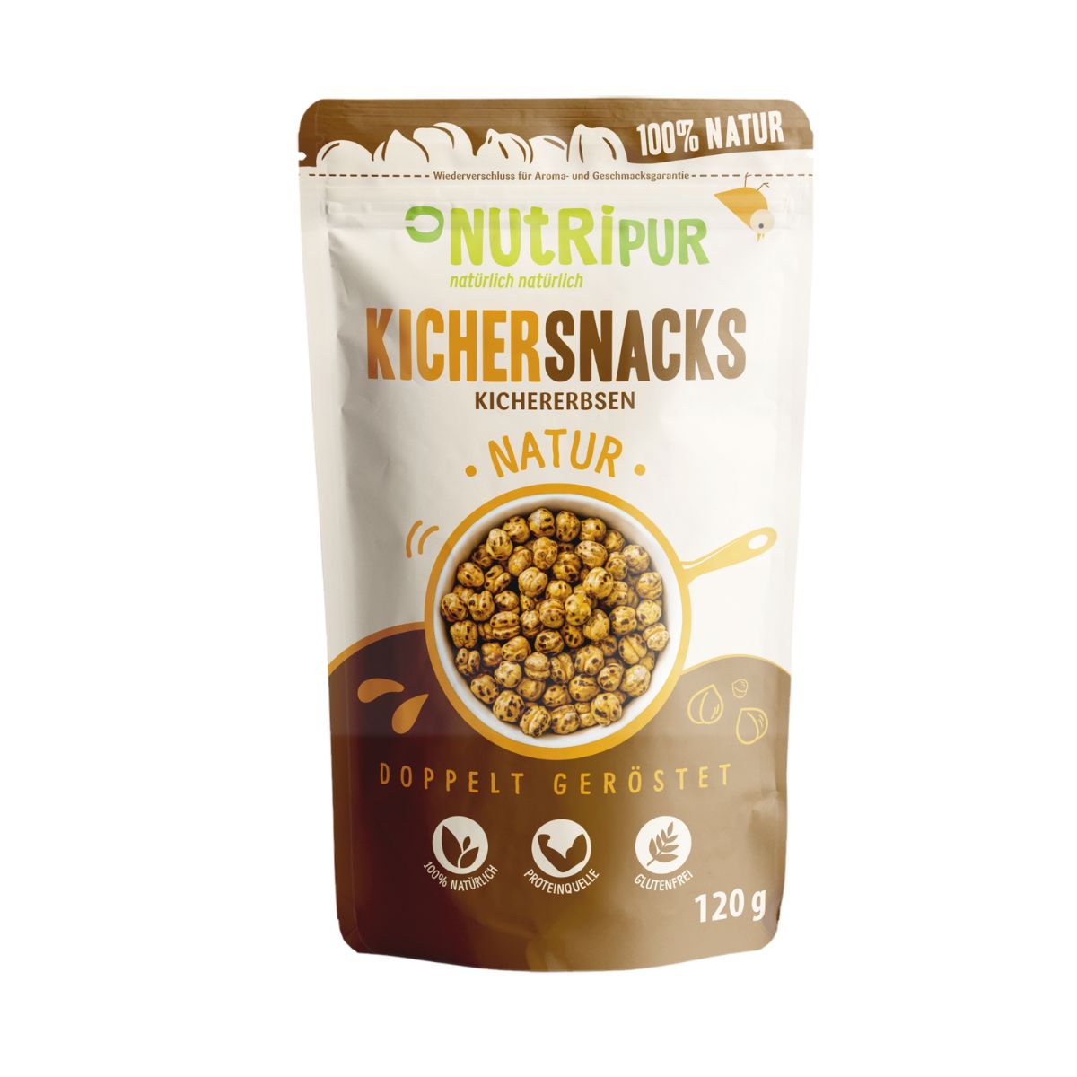 Verpackung mit Kichererbsen-Snacks. Aufschrift: NutriPur, Kichererbsen, natur, doppelt geröstet. Enthält 120g. Mit Logo für 100% natürlich, Proteinquelle, glutenfrei.