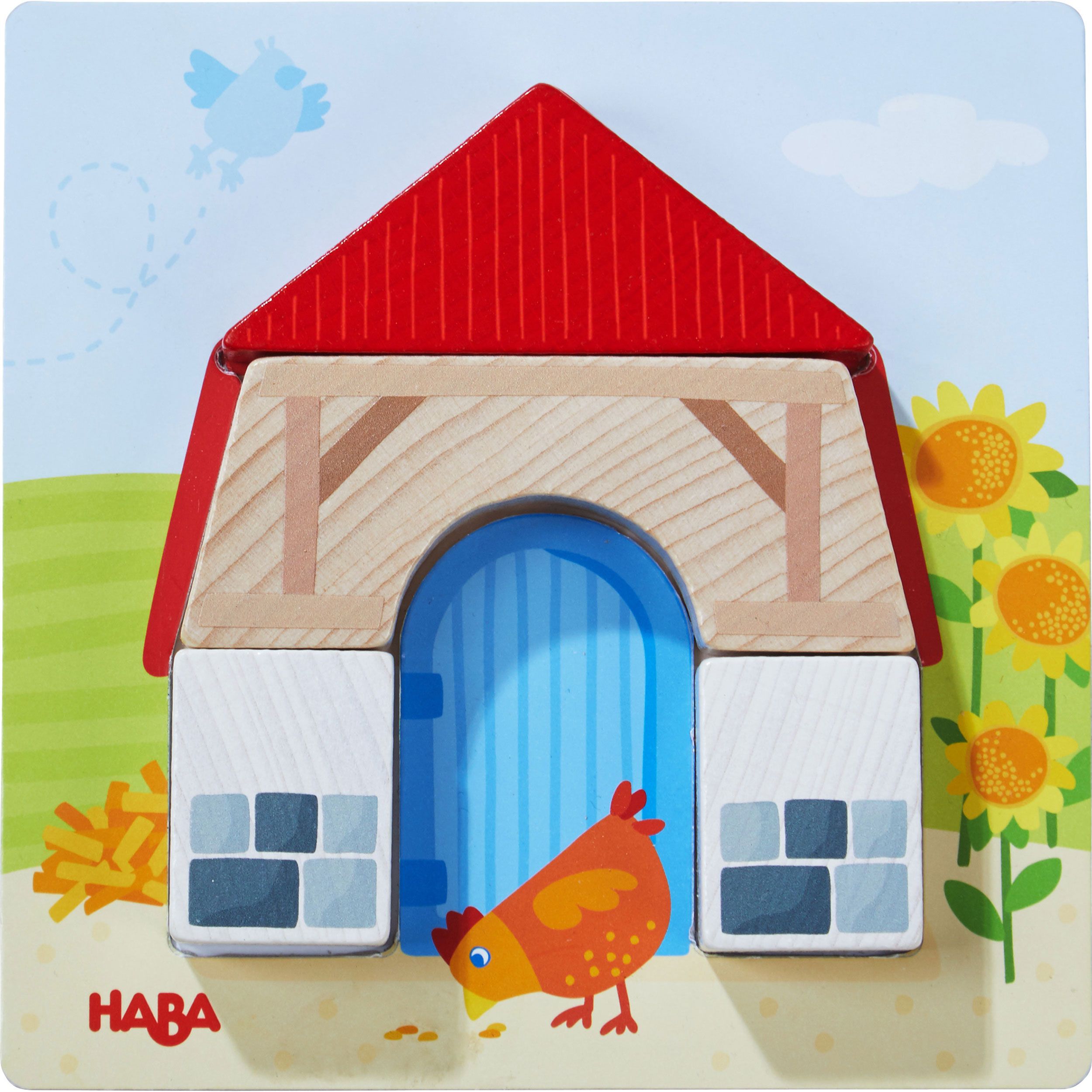 Puzzle mit Haus-Motiv. Rotes Dach, blaue Tür, gelbes Huhn. HABA-Logo. Holzspielzeug.