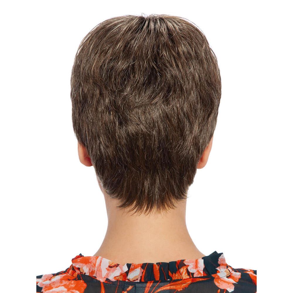 Kurzhaarperücke in Braun-Grau. Rückansicht einer Frau mit Perücke. Sie trägt ein Oberteil mit Blumenmuster.