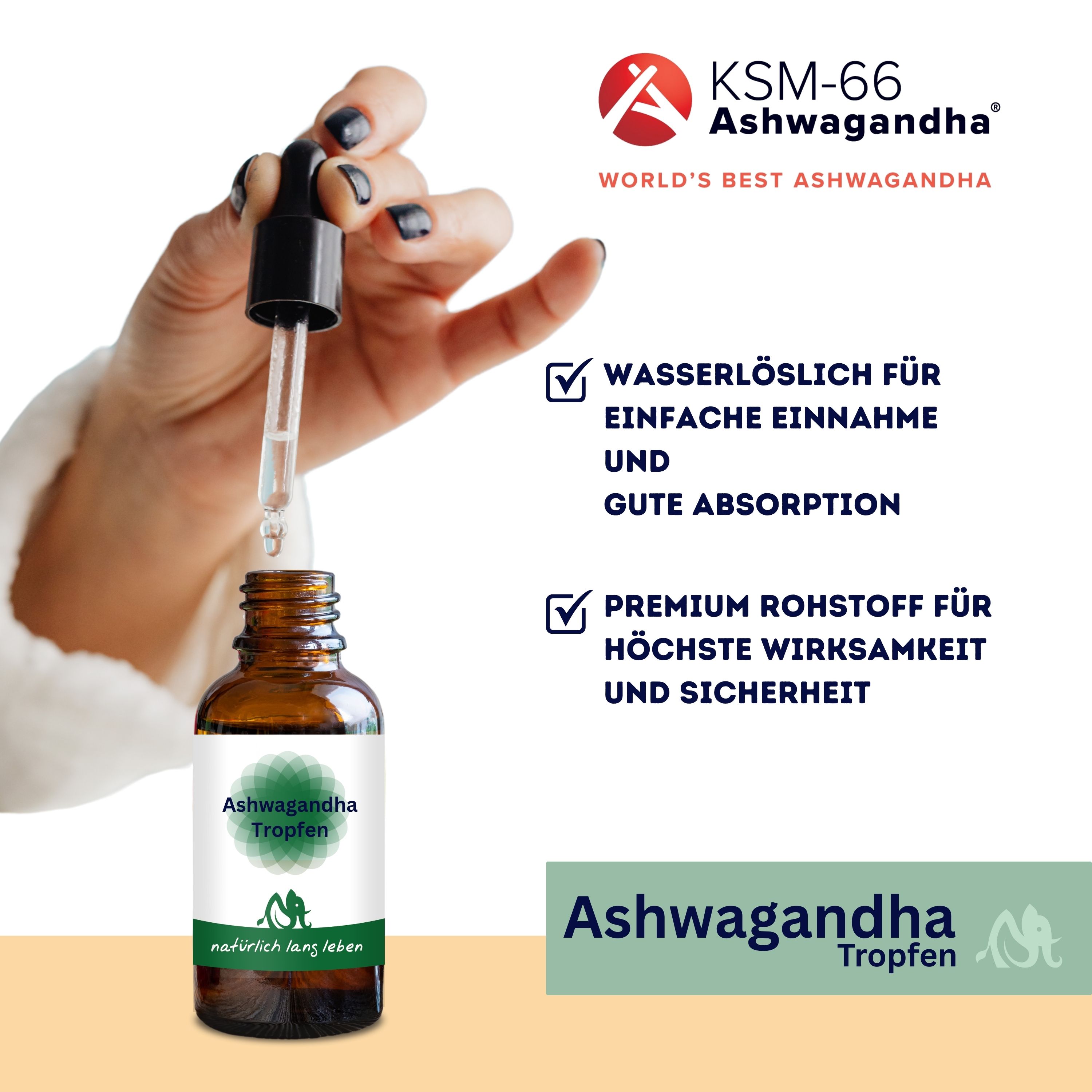 Braunglasflasche mit Tropfer, gehalten von einer Hand. Text: "Ashwagandha Tropfen". Checklisten mit Produktmerkmalen. KSM-66 Logo.
