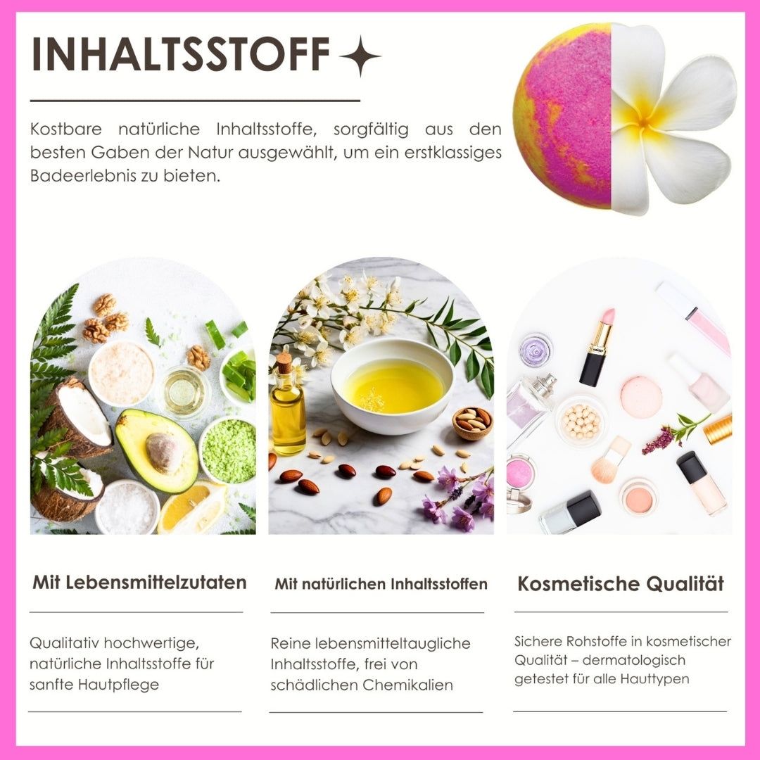 Infografik mit Inhaltsstoffen. Text: Inhaltsstoffe. Lebensmittelzutaten, natürliche Inhaltsstoffe, kosmetische Qualität.