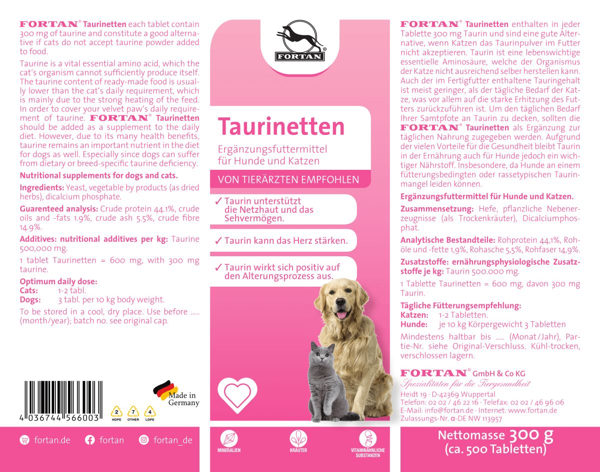 Etikett mit Produktinformationen. Aufschrift: Taurinetten. Abbildung von Hund und Katze. Empfohlen von Tierärzten. Mit Inhaltsangaben.