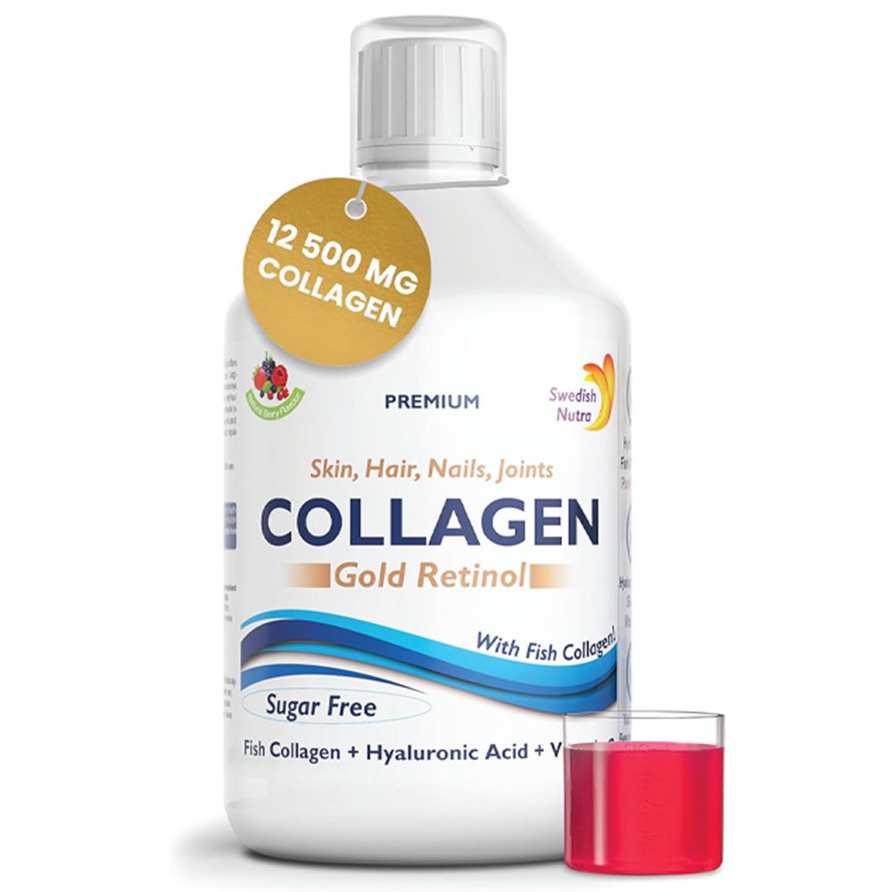 Weißes Flasche mit Etikett. Aufschrift: Collagen Gold Retinol, 12500 mg Collagen. Ein Glas mit roter Flüssigkeit.