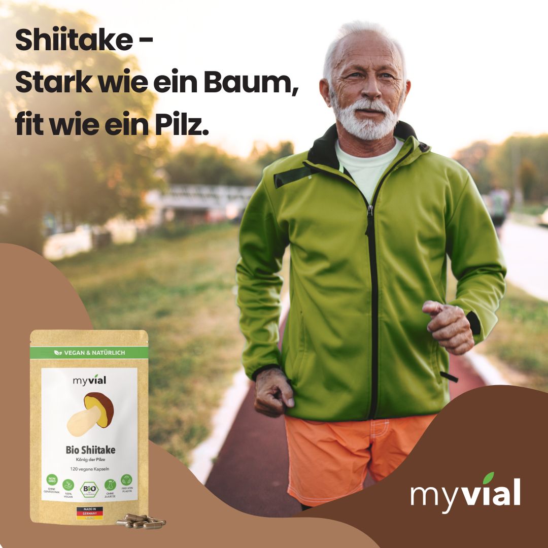 Läufer mit myvial Bio Shiitake Kapsel-Verpackung im Vordergrund, auf einer Laufstrecke.