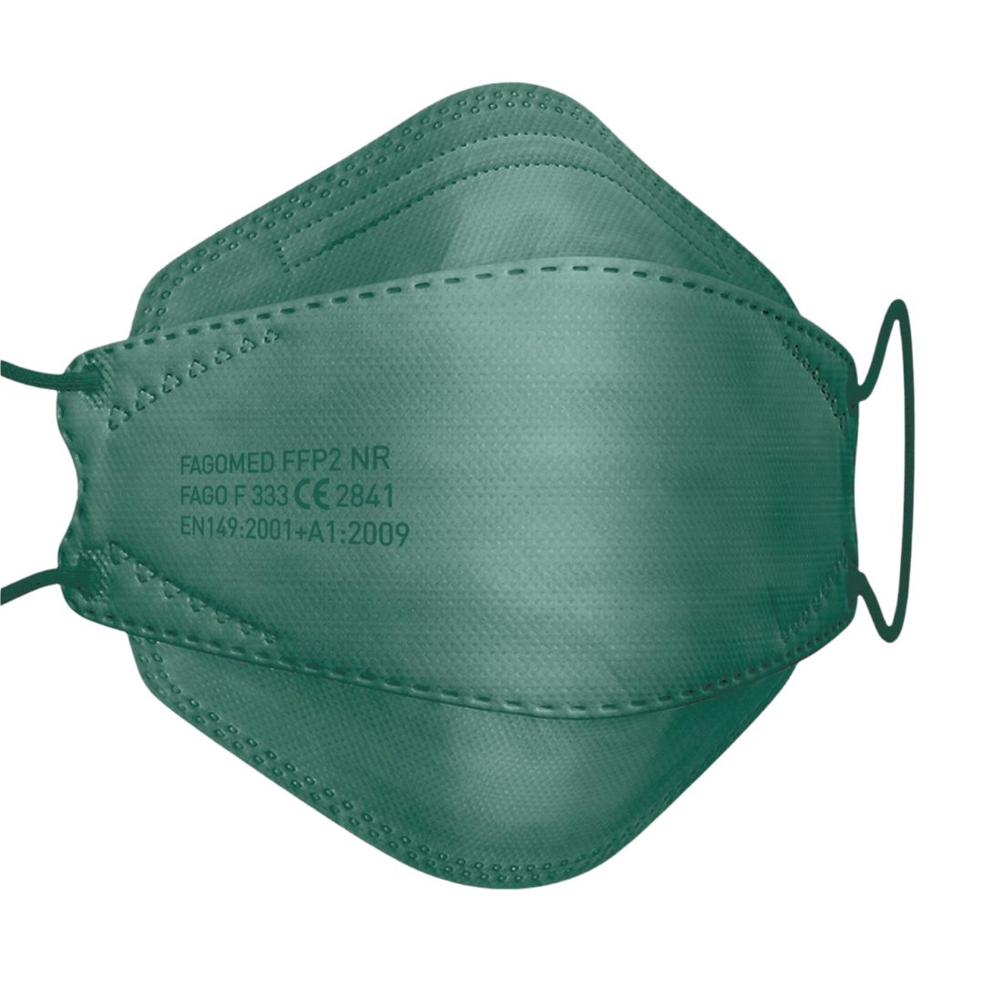 Dunkelgrüne FFP2-Maske. Form I, mit Ohrschlaufen. Text: FAGOMED FFP2 NR, FAGO F333, CE 2841, EN149:2001+A1:2009.