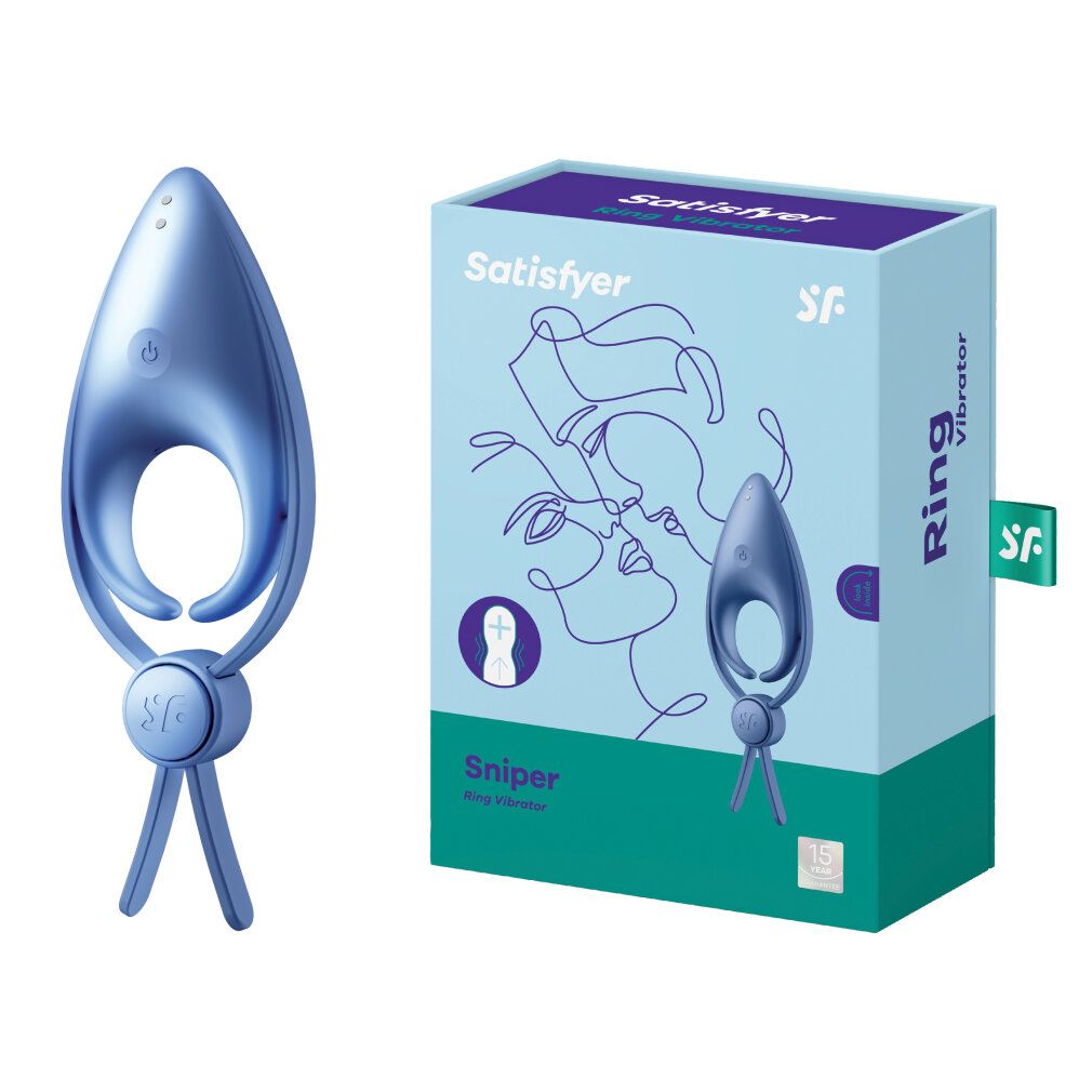 Blauer Ringvibrator mit Tropfenform und drei Beinen. Neben der Verpackung mit Produktnamen und Logo.