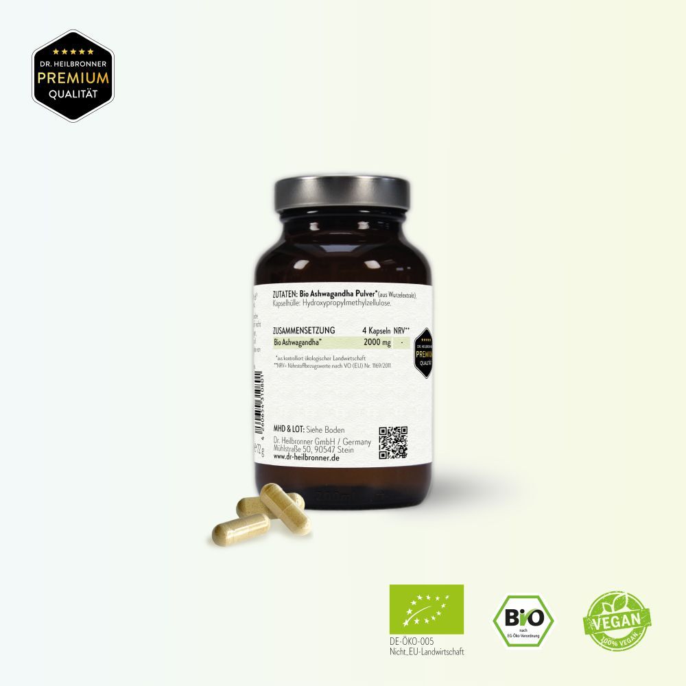 Braune Glasflasche mit Kapseln. Rückseite mit Text. Aufschrift: Dr. Heilbronner Bio Ashwagandha PUR. Bio- und Vegan-Siegel.