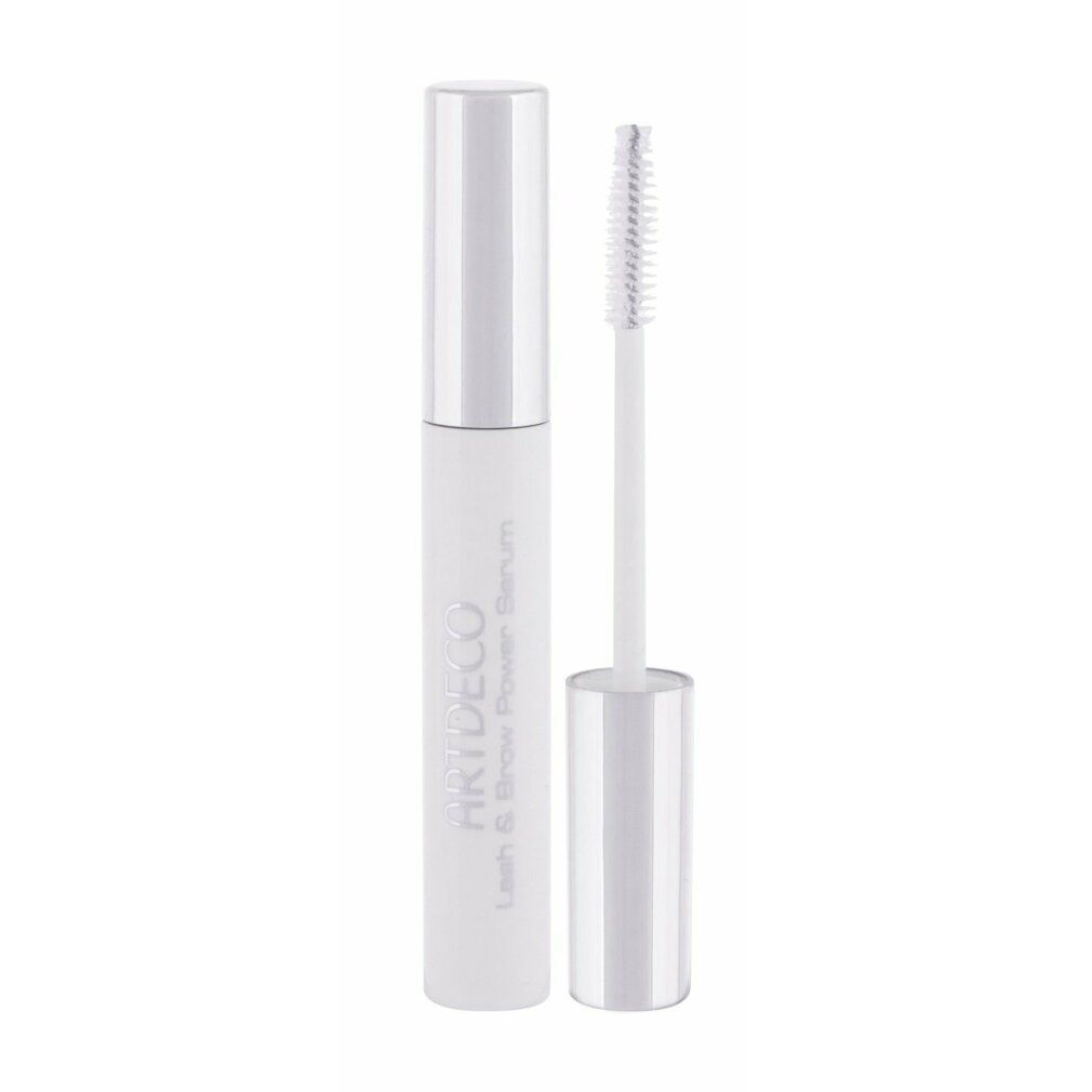 Weißes Serum mit Bürste. Aufschrift: Artdeco Lash & Brow Power Serum. Silberner Deckel.