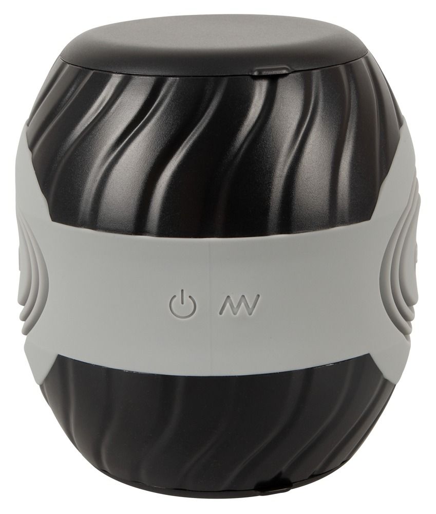 Schwarzes, zylindrisches Produkt mit gewellter Oberfläche und grauem Band mit Symbolen. Oberseite schwarz.