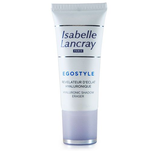 Tube mit Augenbalsam. Weißes Tube mit blauem Aufdruck. Produktname: Isabelle Lancray. Text: EGOSTYLE, Revelateur d'Eclat Hyaluronique, Hyaluronic Shadow Eraser.