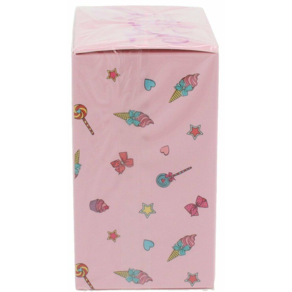 Rosa Schachtel mit Süßigkeiten-Muster. Eis, Lutscher, Schleifen und Sterne. In Folie verpackt.