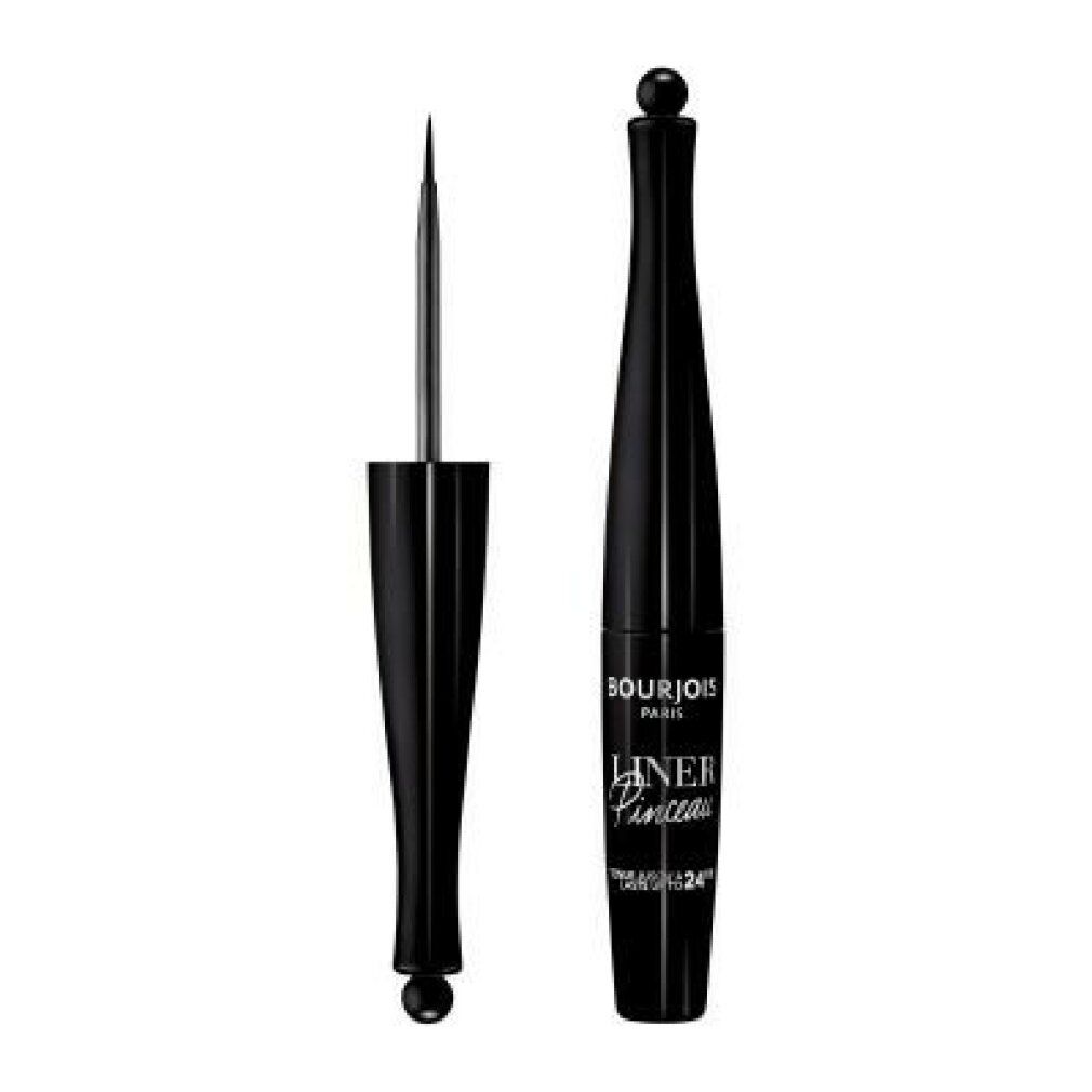 Schwarzer Eyeliner mit Pinsel. Flasche mit Schriftzug Bourjois Paris, Liner Pinceau. Wasserdicht.