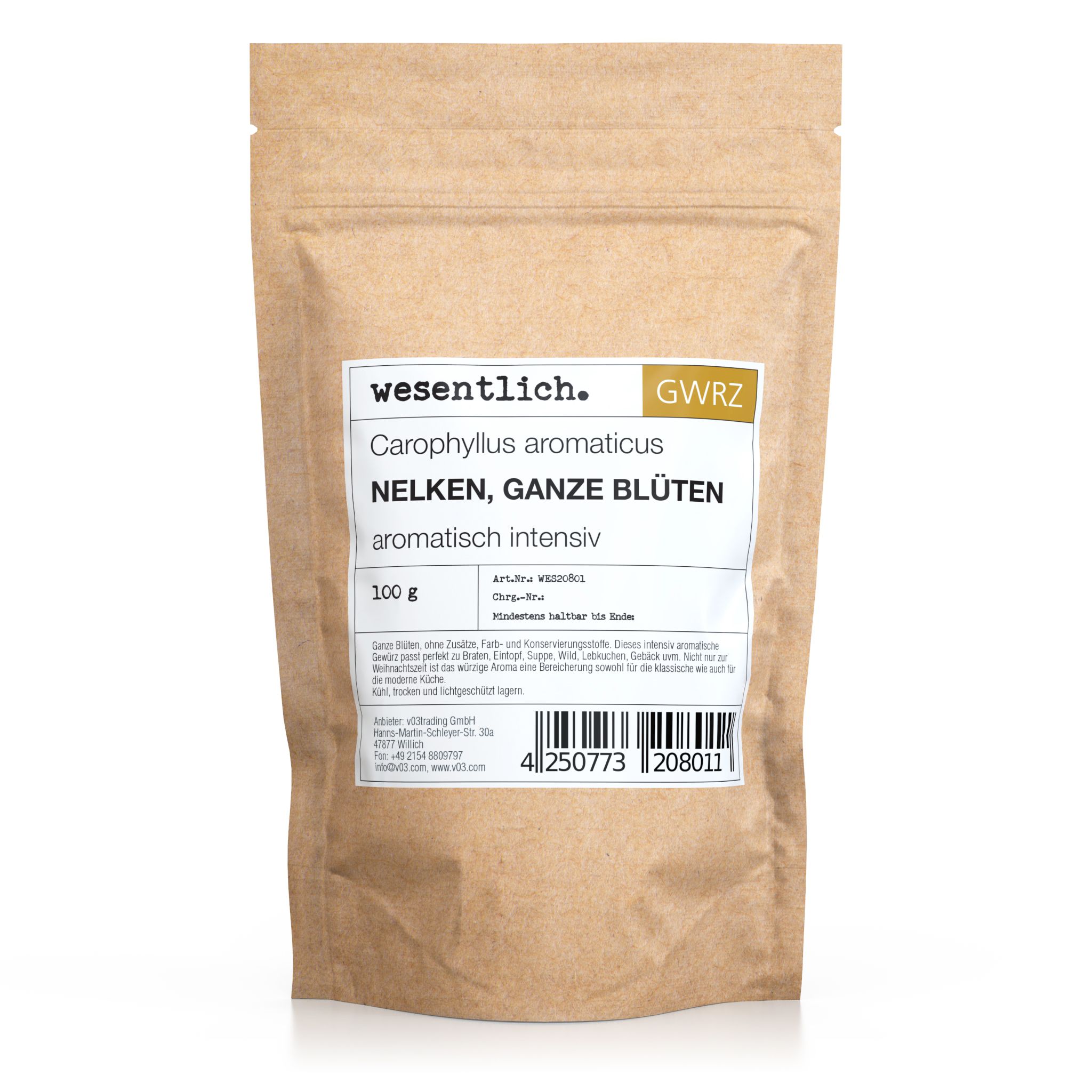 Braune Papiertüte mit Produktinformationen. Aufschrift: Nelken, ganze Blüten, aromatisch intensiv. 100 g.