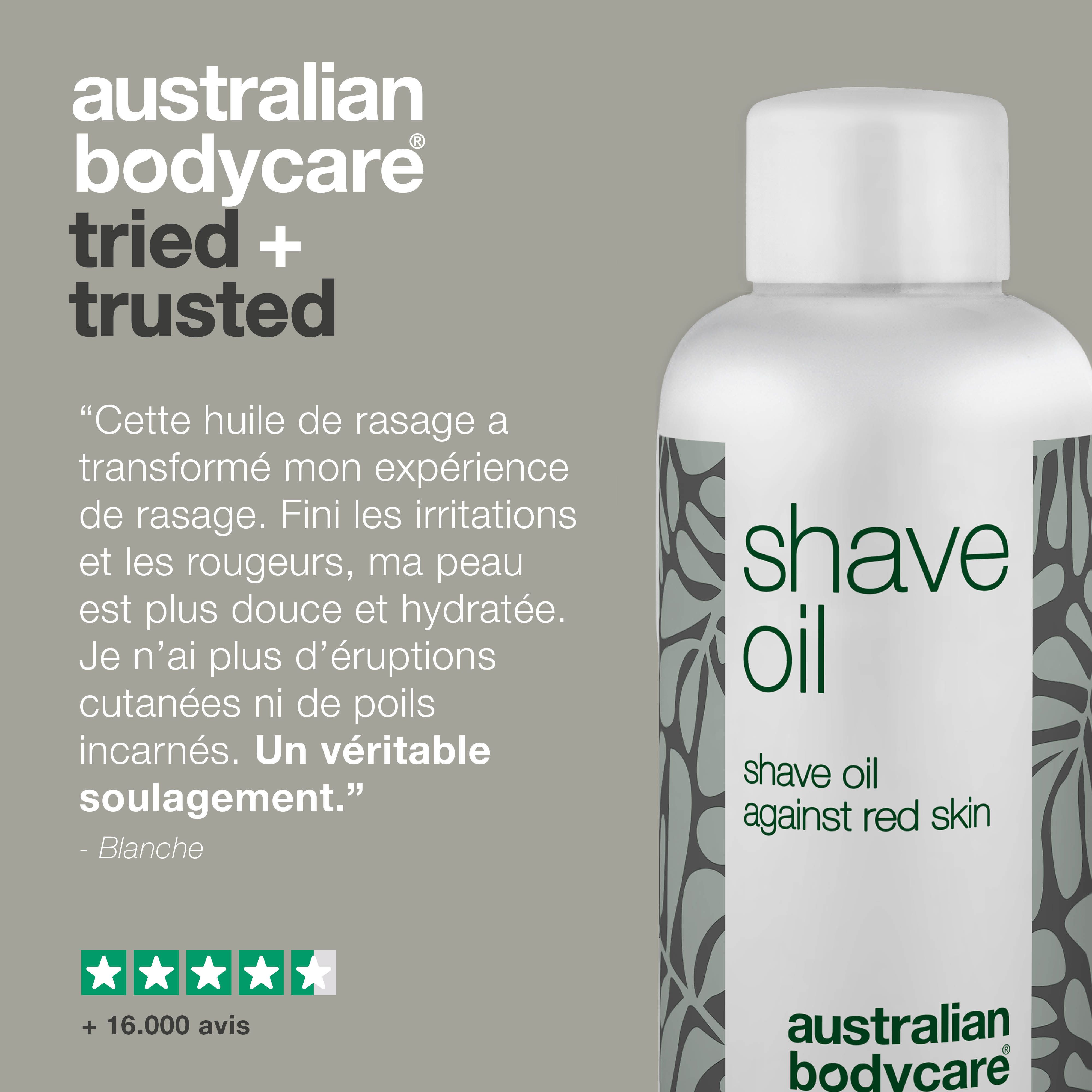 Flacon « Shave Oil » avec texte : Témoignage. Évaluation 5 étoiles. Plus de 16 000 avis.