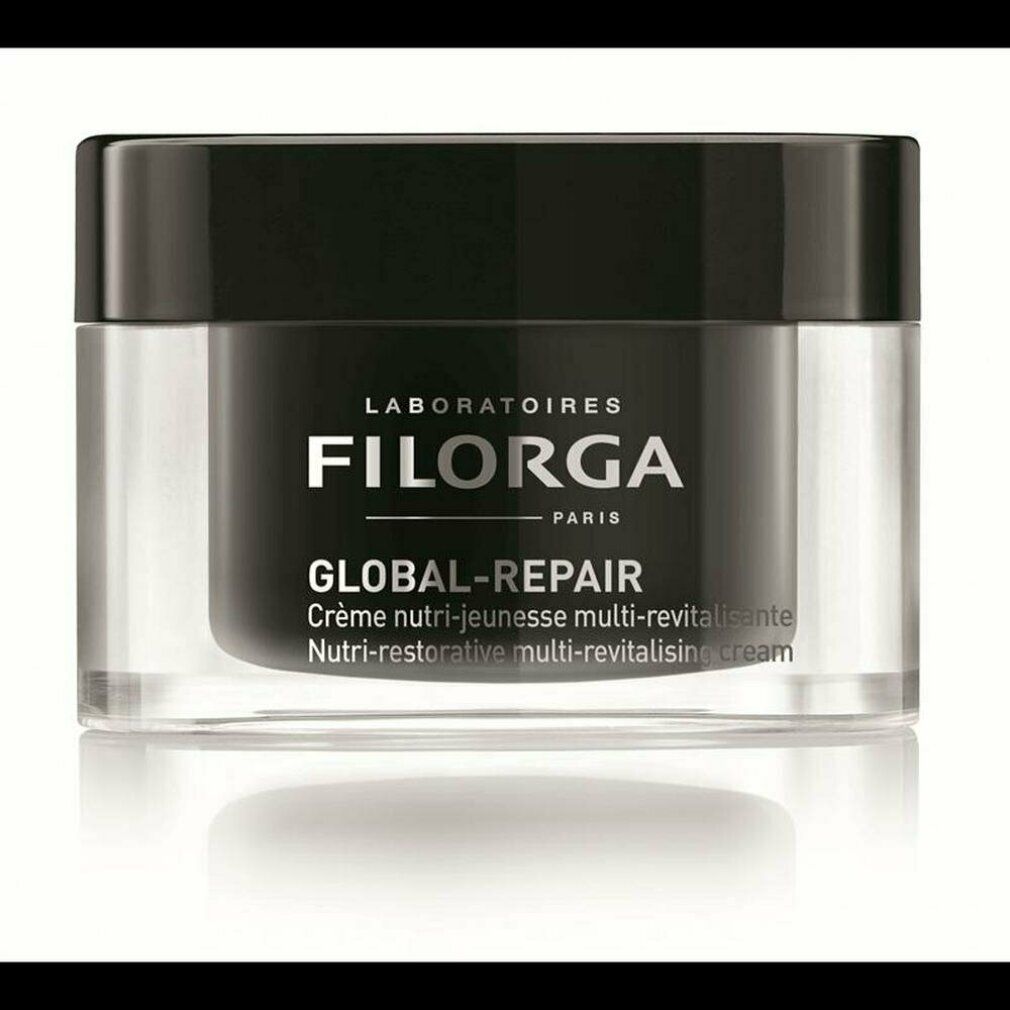 Creme-Tiegel mit schwarzem Deckel und transparentem Behälter. Aufschrift: FILORGA GLOBAL-REPAIR. Französische und englische Produktbezeichnungen.