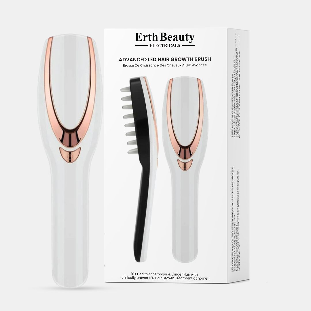 Weißer Haarglätter mit roségoldenen Akzenten und Verpackung. Aufschrift: ErthBeauty Electricals, Advanced LED Hair Growth Brush.