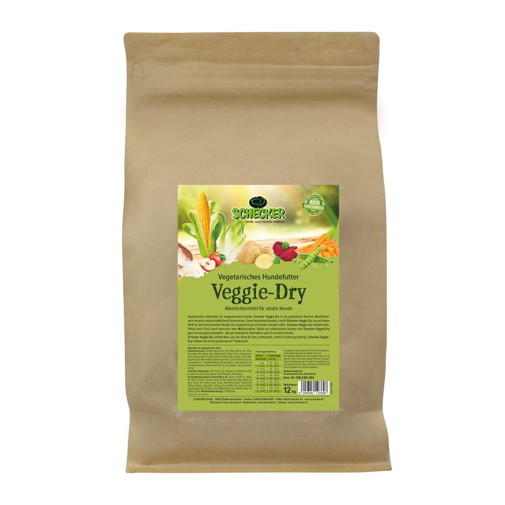 Schecker Veggie-Dry Hundefutter-Beutel. Brauner Papierbeutel mit grünem Etikett. Auf dem Etikett sind Gemüse und der Produktname abgebildet.