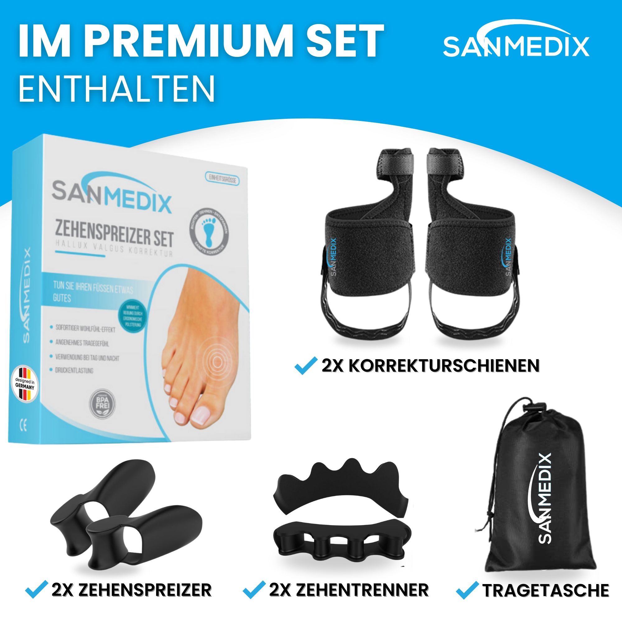 Premium Set: Korrekturschienen, Zehenspreizer, Zehentrenner, Tragetasche. Sanmedix® Logo. Verpackung mit Produktabbildung.