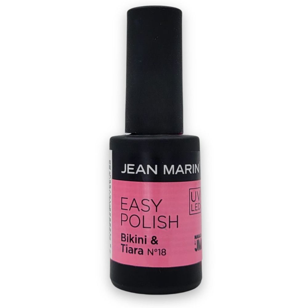 Schwarze Flasche mit rosafarbenem Etikett. Aufschrift: Jean Marin, Easy Polish, Bikini & Tiara N°18. UV/LED.