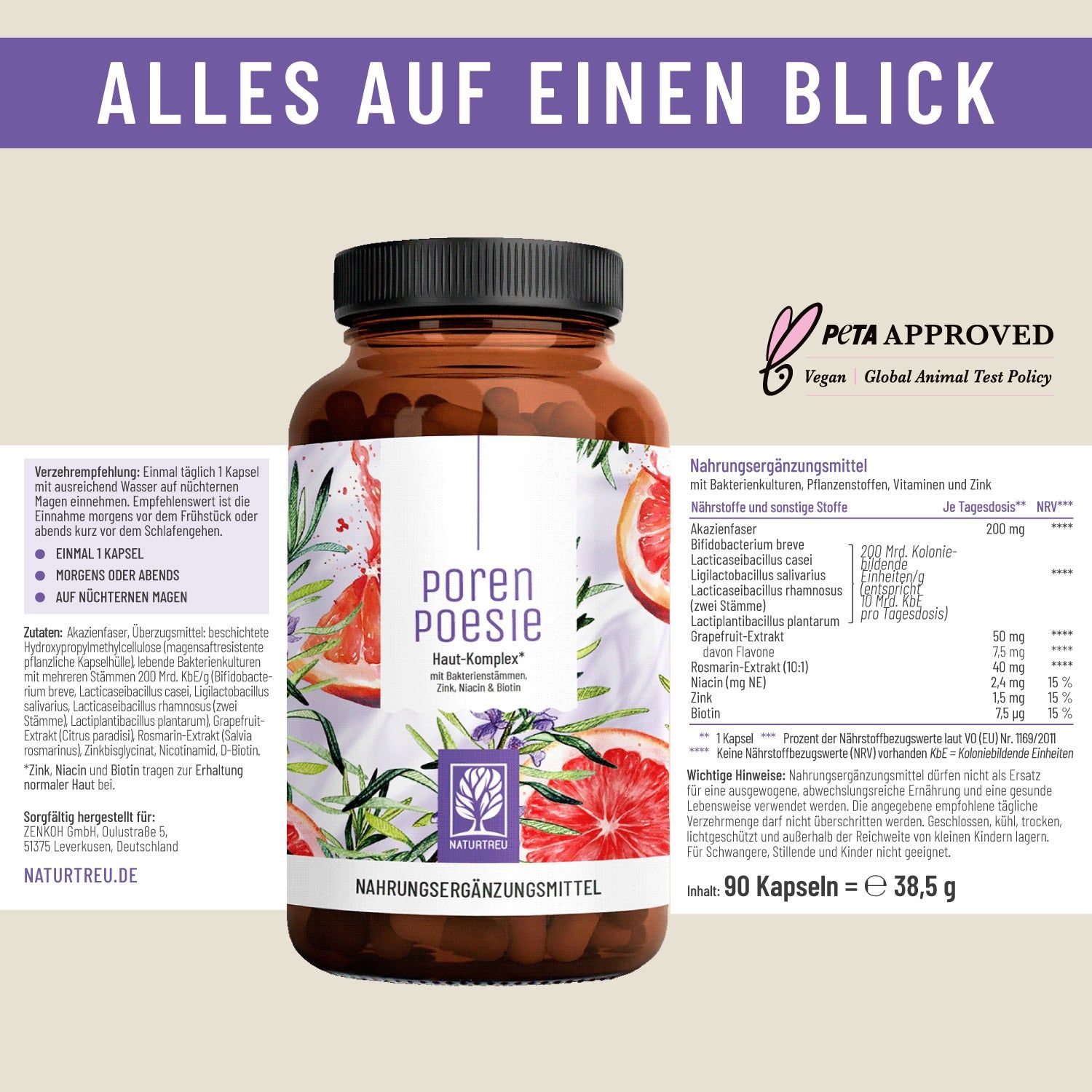 Braune Flasche mit Kapseln, Etikett mit Produktinformationen. Text: Poren Poesie, NATURTREU, Nahrungsergänzungsmittel. Vegan-Siegel.