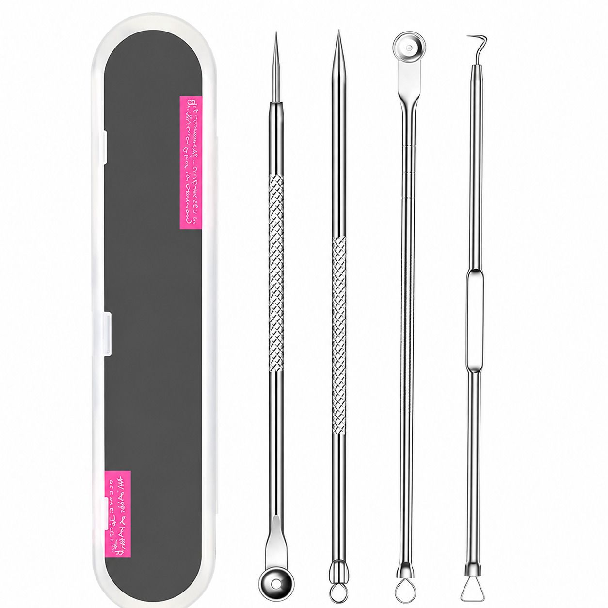 Set mit 4 Edelstahl-Komedonenquetschern und einer Aufbewahrungsbox. Verschiedene Formen: Nadel, Schlaufe, Haken und Spatel.