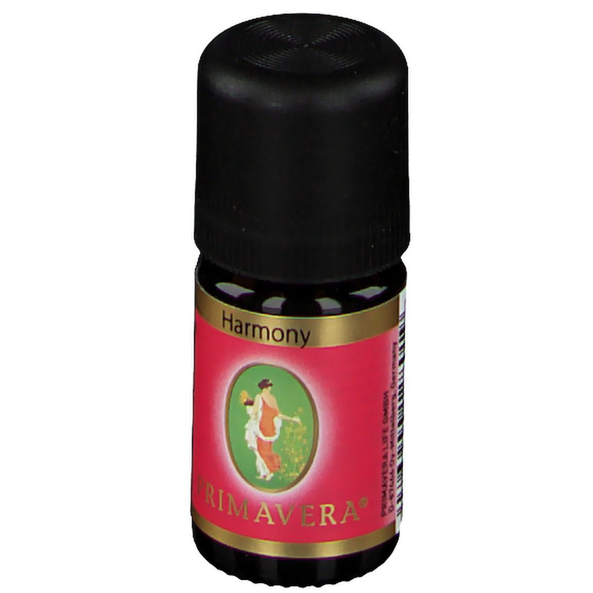 Kleine Glasflasche mit schwarzem Deckel. Rote Etikette mit Frau, Schriftzug Harmony und Primavera.