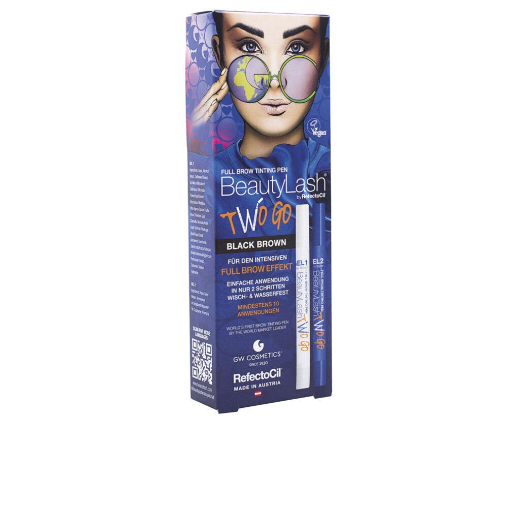 RefectoCil BeautyLash TWO GO Black Brown. Verpackung mit Stift und Aktivator. Vegan-Siegel.