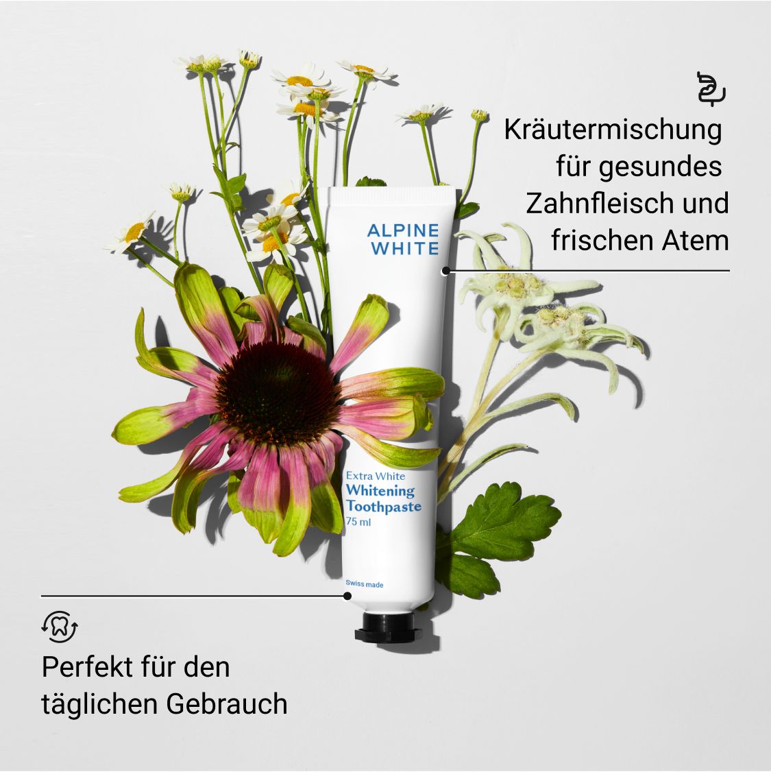 Zahnpasta umgeben von Blumen. Text: ALPINE WHITE, Extra White Whitening Toothpaste, 75 ml.