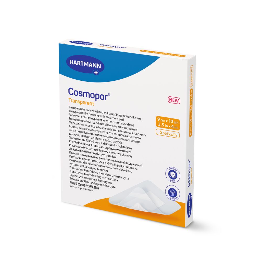 Verpackung von Cosmopor transparent. Größe 9x10 cm. Marke Hartmann. Enthält 5 Stück. Aufdruck: Transparentes Folienverband mit absorbierendem Wundkissen.