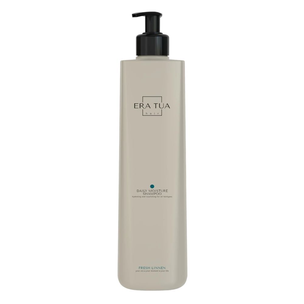Beige Shampoo-Flasche mit schwarzem Spender. Text: EraTua, Daily Moisture Shampoo, Fresh Linen.