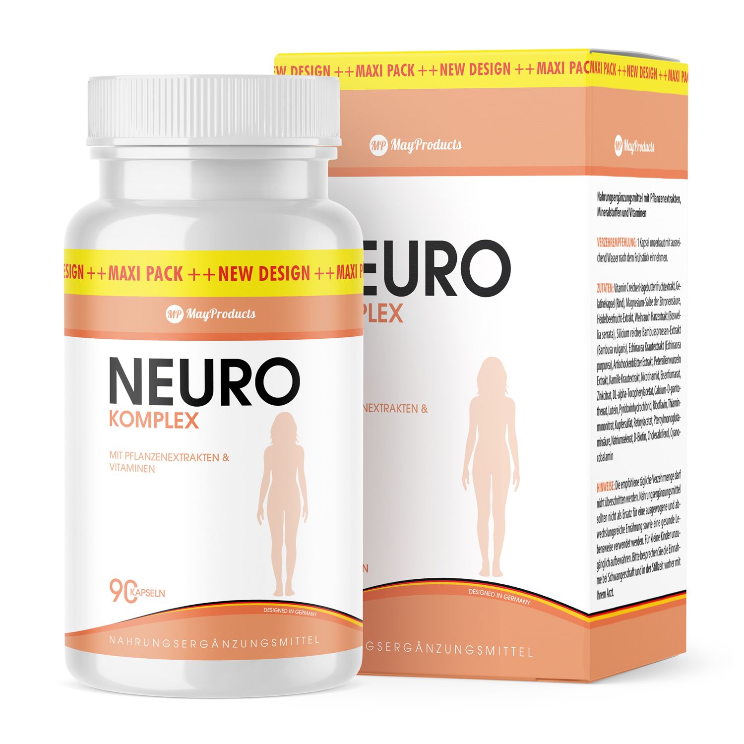 Weiße Flasche mit Kapseln und Verpackung. Aufschrift: NEURO KOMPLEX. Mit Pflanzenextrakten & Vitaminen. 90 Kapseln. Orangefarbene Verpackung.