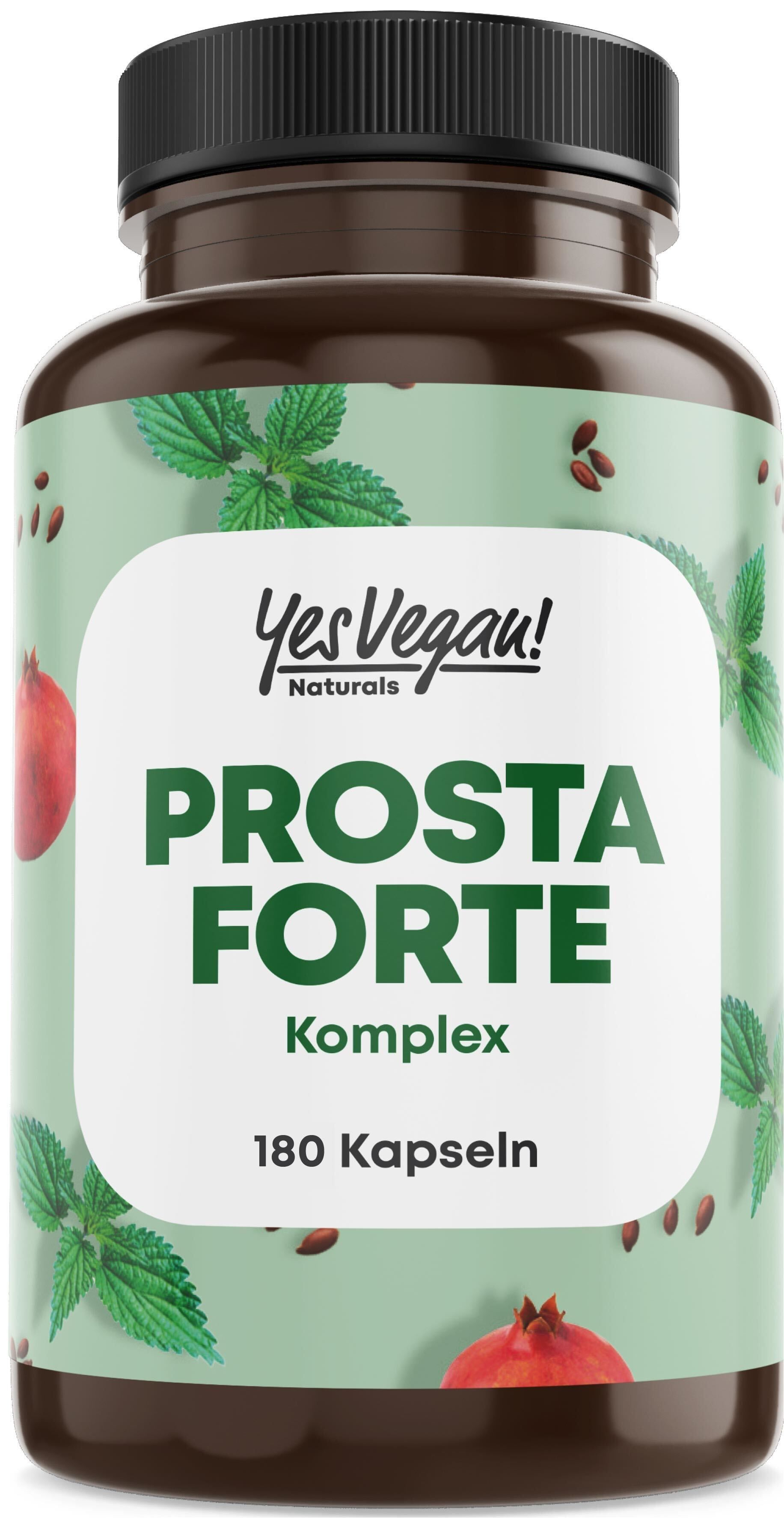 Braune Flasche mit Kapseln. Aufschrift: Prosta Forte Komplex, 180 Kapseln. Logo: Yes Vegan! Naturals. Dekoration: Granatapfel, Blätter.