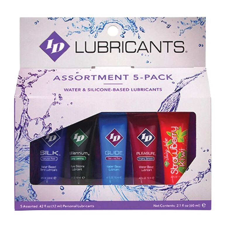 ID Lubricants 5er-Packung. Enthält fünf Tuben Gleitmittel in verschiedenen Farben. Verpackung mit Produktnamen und Inhaltsangabe.