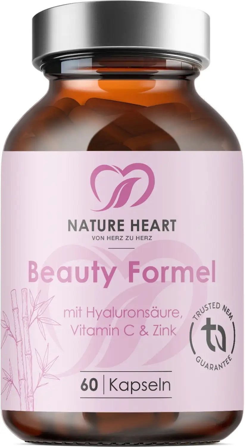 Braunglasflasche mit 60 Kapseln Nature Heart Beauty Formel, Hyaluronsäure, Vitamin C & Zink.