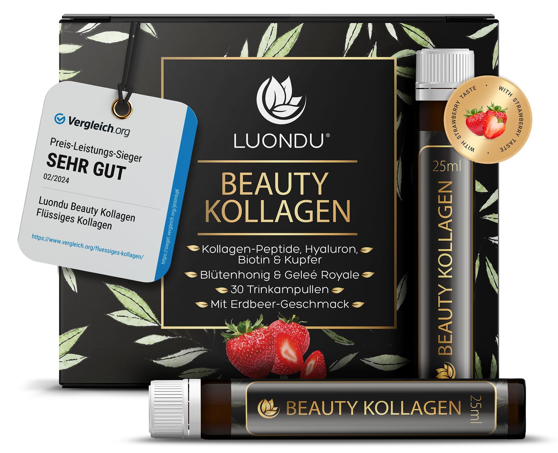 Schachtel mit Luondu Beauty Kollagen. Enthält 30 Trinkampullen. Mit Erdbeer-Geschmack. Preis-Leistungs-Sieger.