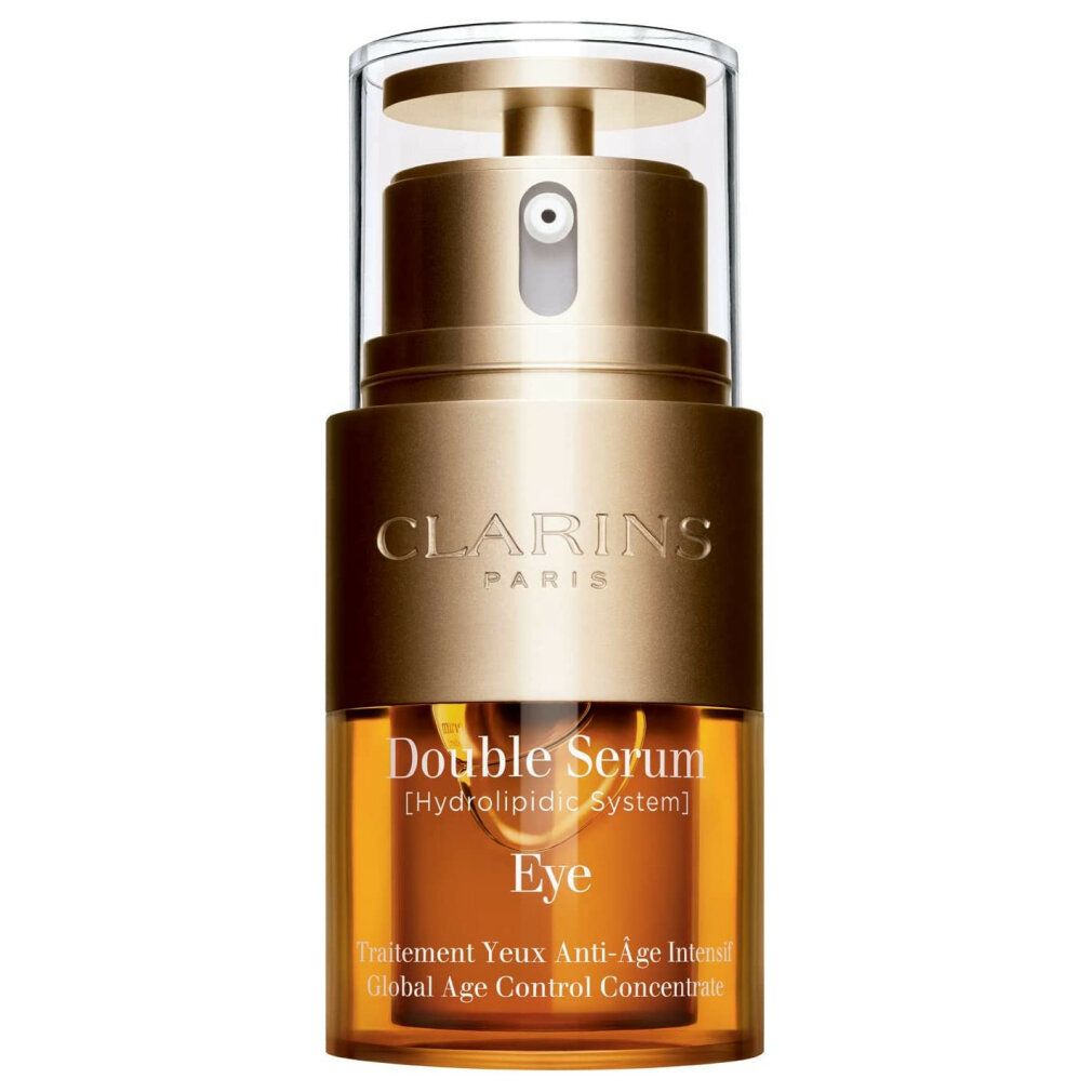 Doppeltes Serum für die Augen. Goldfarbener Behälter mit transparentem Deckel. Aufschrift: CLARINS PARIS, Double Serum Eye.