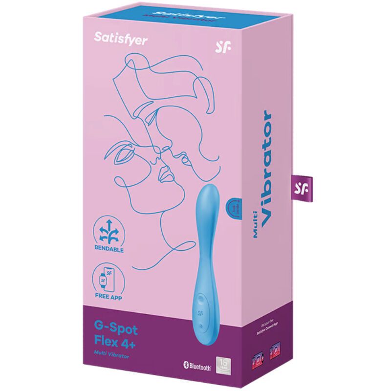Produktverpackung. Rosa Schachtel mit Produktabbildung und Schriftzug 'Satisfyer G-Spot Flex 4+'.