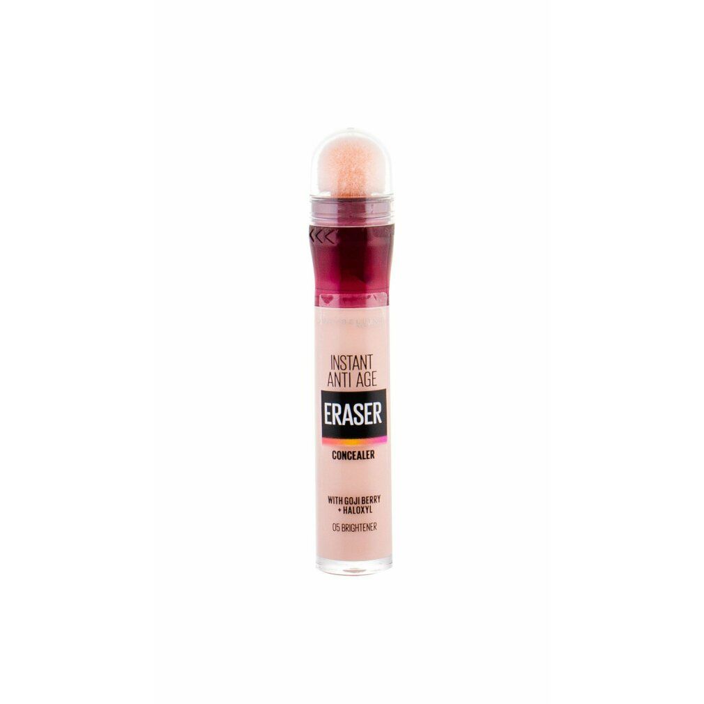 Maybelline New York Eraser Concealer. Beige Tube mit Schwamm-Applikator. Text: Instant Anti-Age, Eraser, Concealer, 05-Eye Brightener.